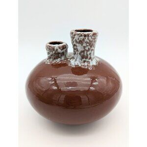 Vintage Studio Decor Vase with Glazed Brown and White Double Floral Holder